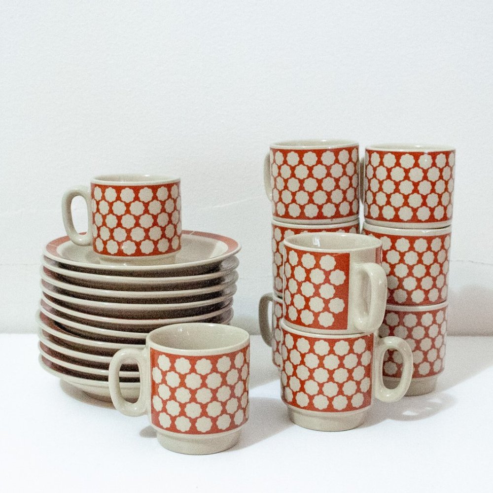 FLORAL POTTERY GEOMETRIC Coffee Service Espresso Cup Coffee & Saucer - set of 10